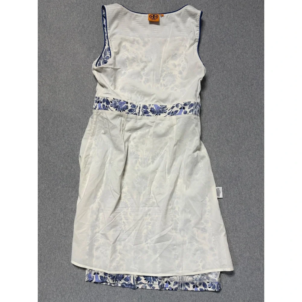 Tory Burch Blue White Floral Silk Sleeveless V-Neck Empire Waist Dress Size M